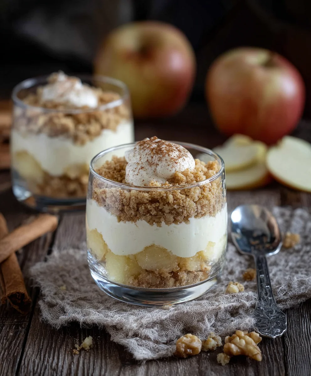 Apfel-Crum extractble im Glas: Schnelles Schichtdessert mit Frischkäse